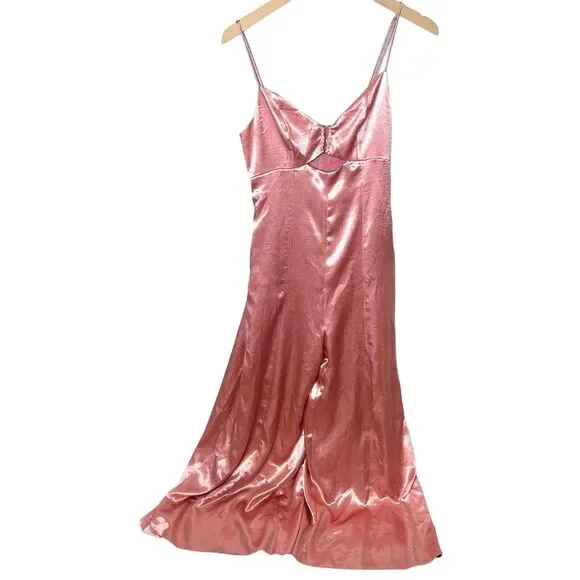 Free People Abbie Jumpsuit Pink Satin Wide leg Cutout Size 2 NWT $250